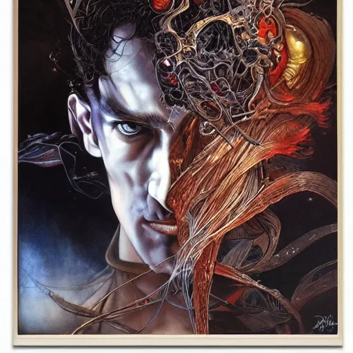 Prompt: painting of a man, curious, combination in the style Ayami Kojima, Amano, Karol Bak, Greg Hildebrandt, and Mark Brooks, neogothic art, detailed, trending on Artstatio