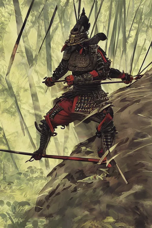 Prompt: an epic samurai in full armor in a mysterious japanese bamboo forest with light shafts, by jesper ejsing and maciej kuciara