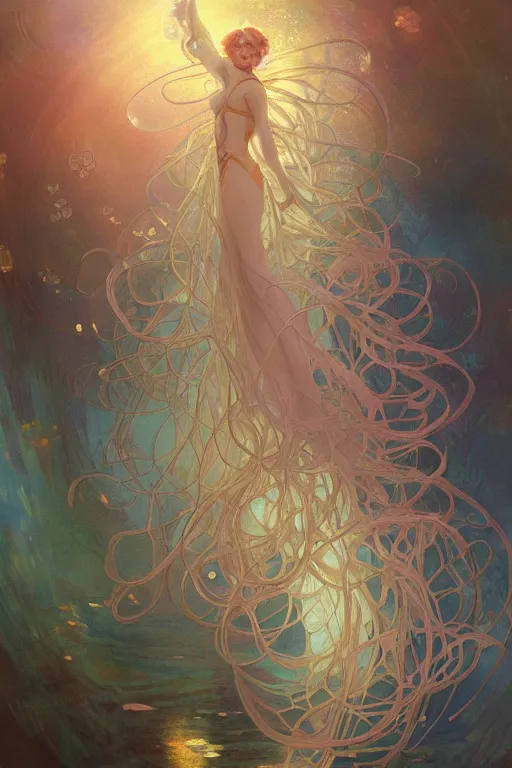 Image similar to a beautiful painting of a cylindrical aquarium with lots of jellyfish, ray of light, shimmering and prismatic, rococo, by krenz cushart and mucha and monet, trending on artstation.