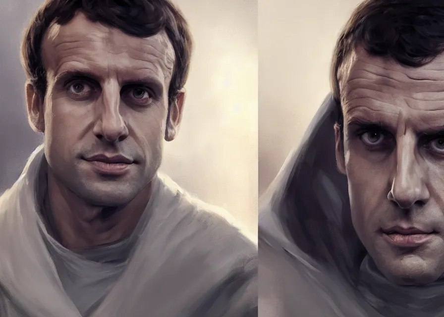 Image similar to painting portrait of Emmanuel Macron dressed as Vitiate in Star Wars, sharp focus, waist up, trending on ArtStation, masterpiece, by Greg Rutkowski, by Ross Tran, by Fenghua Zhong, octane, clear eyes, soft render, clear facial features, oil on canvas, moody lighting, cinematic, professional environment concept art