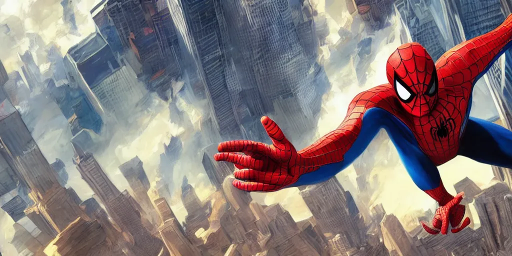 Prompt: giant corporate business man fighting spiderman, alex ross style, illustration, artstation trending, very high details, striking pose, comics cover, heroic battle, debris flying around, concept art rendering,