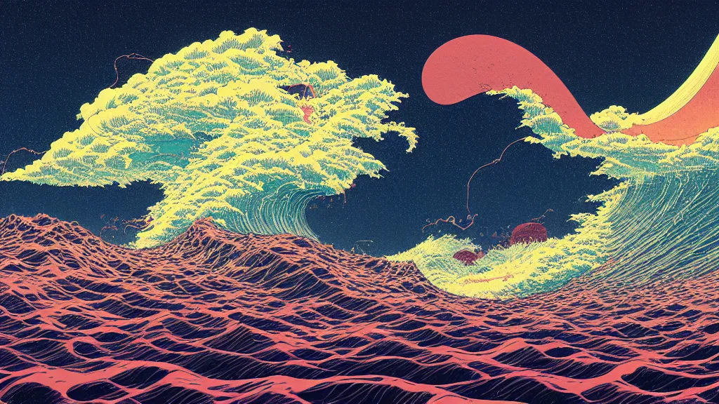 Image similar to highly detailed and colorful illustration of high exposure tsunami at night by makoto shinkai, by aaron horkey, by moebius, by nico delort, by dan mumford, by otomo, kodachrome, 4 k resolution