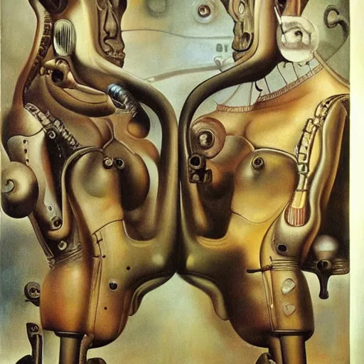 Image similar to Oil painting by Dali. Two mechanical gods with animal faces having a conversation. Oil painting by Hans Bellmer.