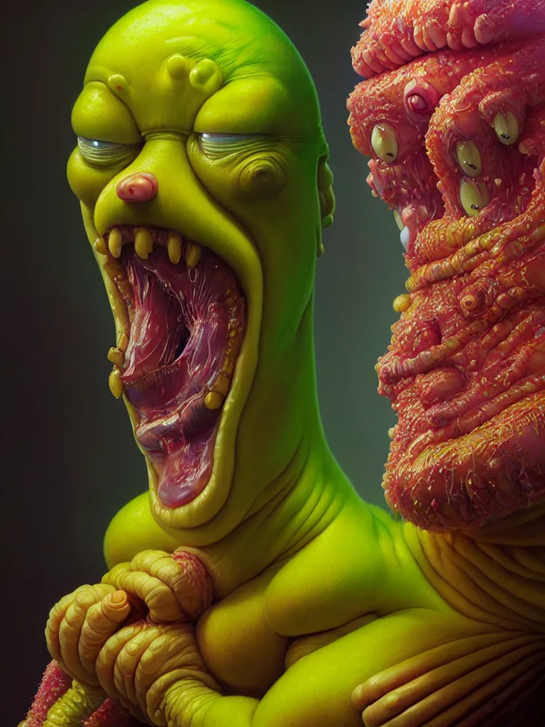 Image similar to hyperrealistic rendering, fat smooth cronenberg flesh monster spongebob by donato giancola and greg rutkowski and wayne barlow and zdzisław beksinski, product photography, action figure, sofubi, studio lighting, colored gels, colored background