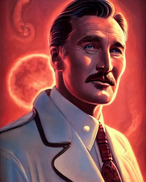 Image similar to Errol Flynn as a scientist. 1980s dystopian Soviet Russia, propaganda screens. Unreal engine, fantasy art by Loish. Faithfully depicted facial expression, perfect anatomy global illumination, radiant light, detailed and intricate environment