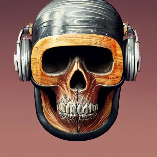 Image similar to a portrait of an anthropomorphic vintage skull in a racing helmet by sandra chevrier, detailed render, tape deck, boombox, headphones, epic composition, cybernetics, 4 k realistic, cryengine, realistic shaded lighting, sharp focus, masterpiece, by matteo scalera, gary montalbano, peter elson in the style of the tokyo ghost comic