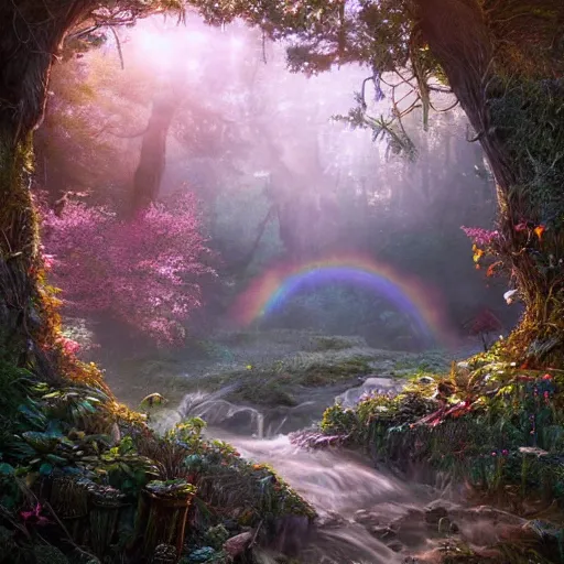 Prompt: the beautiful, grand, wistful, dreamy, aesthetic landscape of a hidden forest, hyperrealistic photograph by kim jung gi, rainbow colored, extremely detailed, intricate linework, sharp focus, bright colors, octopath traveler, unreal engine 5 highly rendered, global illumination, radiant light, detailed and intricate environment