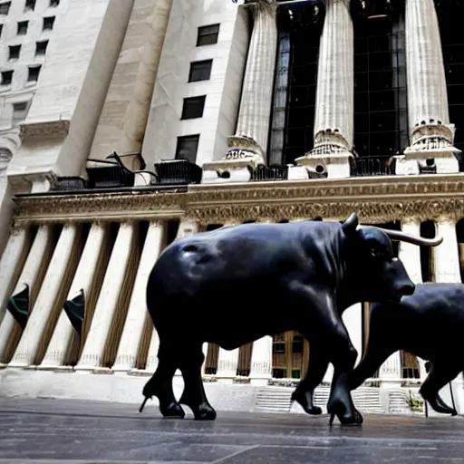 Prompt: a bull kicking a bear in front of the new york stock exchange