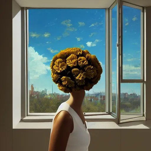 Prompt: giant carnation flower head, woman walking next to modern window in luxury apartment, surreal photography, sunlight, impressionist painting, digital painting, artstation, simon stalenhag