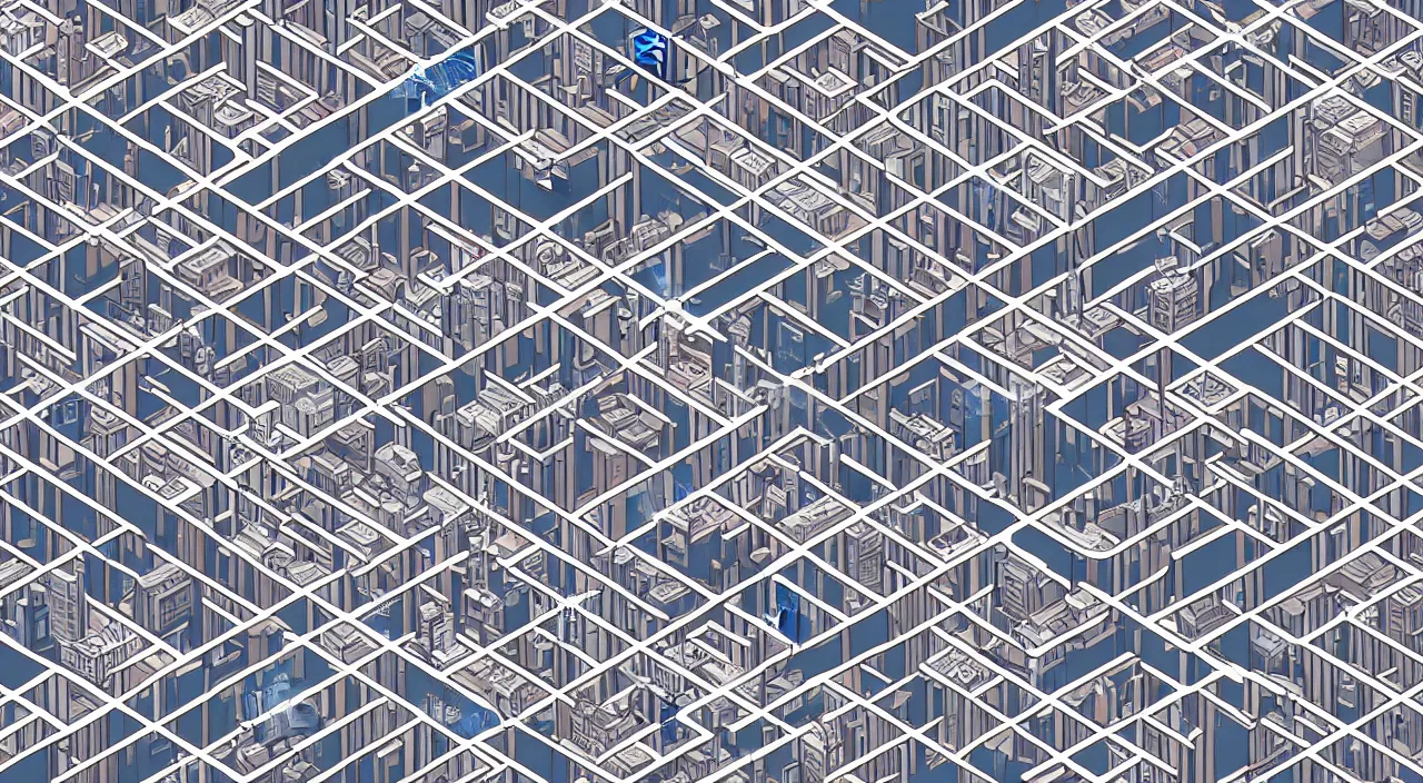 Prompt: isometric drawing of a fictional dense city, in style of charles williams, rem koolhaas, peter eisenman, cool color palette