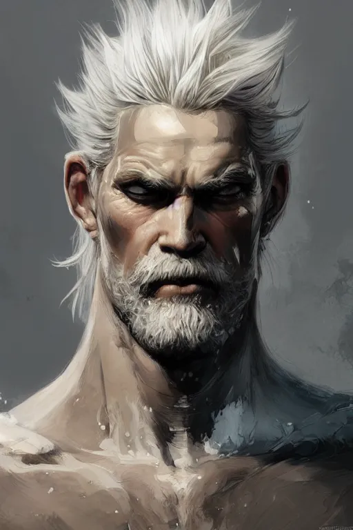 Image similar to painted portrait of rugged sephirot, white hair, masculine, mature, handsome, upper body, muscular, hairy torso, fantasy, intricate, elegant, highly detailed, digital painting, artstation, concept art, smooth, sharp focus, illustration, art by gaston bussiere and craig mullins
