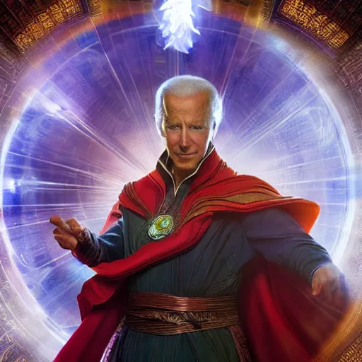 Image similar to joe biden as doctor strange, radiant light, caustics, heroic, bright iridescent light, by gaston bussiere, bayard wu, greg rutkowski, maxim verehin