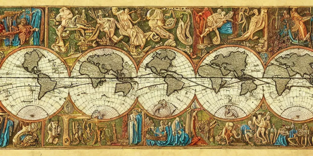 Prompt: insane ancient instructional maps, intricate details, full color,