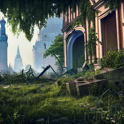 Prompt: overgrown moscow in ruins, highly detailed, 4k, HDR, award-winning, artstation, octane render