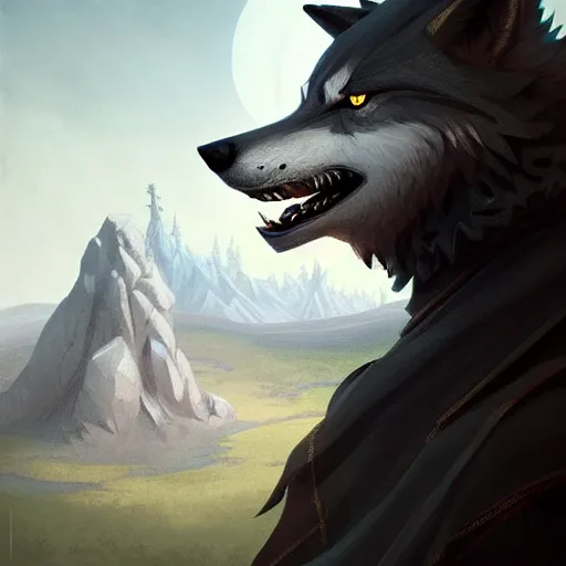 Image similar to an anthropomorphic wolf in a black doublet looking out over the hills, artstation hq, stylized, greg rutkowski, sharp focus, concept art, furaffinity fursona, furry