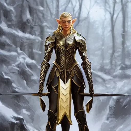 Prompt: standing elf profile portrait with armor in golden and silver colors and a curve long sword, full body, epic masterpiece of cinematographic hyperrealism, realistic shaded lighting poster by craig mallismo, artgerm, jeremy lipkin and michael garmash, unreal engine, radiant light, detailed and intricate environment, digital art, art station trends