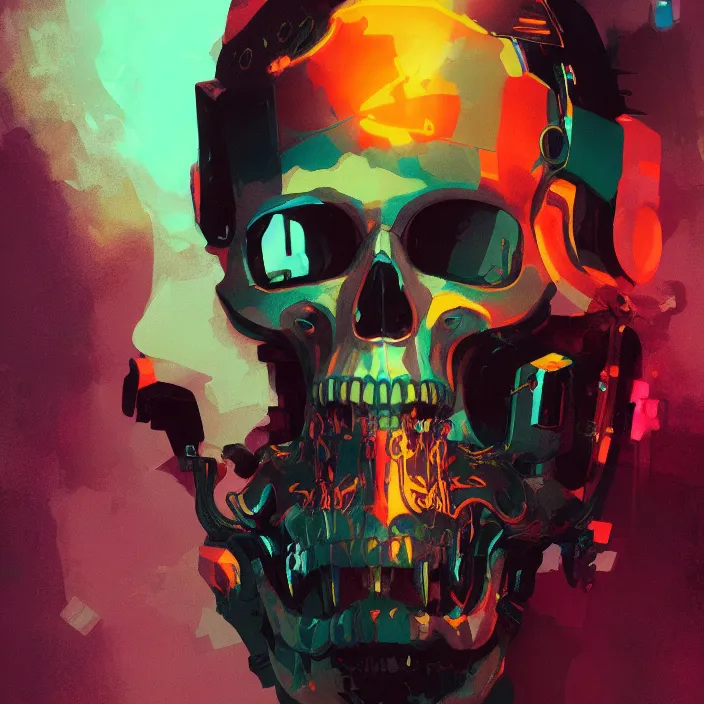 Image similar to a colorful comic noir illustration painting of a cyberpunk skull by sachin teng and sergey kolesov and ruan jia and heng z. hyper detailed. octane render. trending on artstation