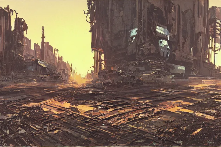 Image similar to garfield wanders a post - apocalyptic wasteland, concept art by syd mead, very detailed, award - winning, fantastic, science fiction art,