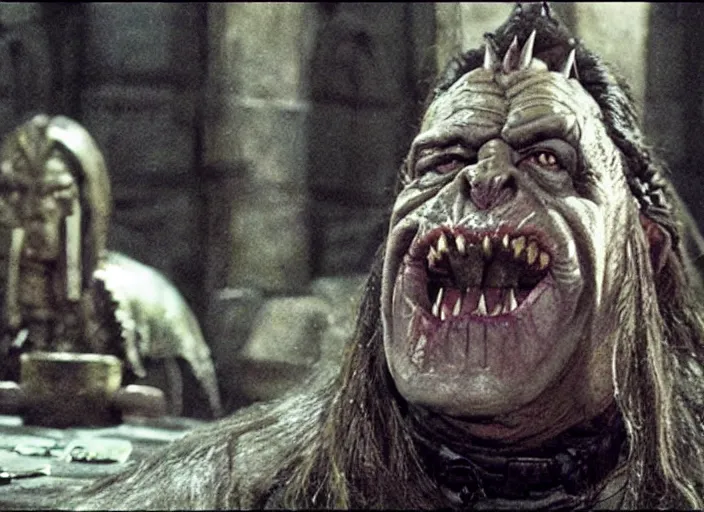 Prompt: a film still of a lazy orc in harry potter