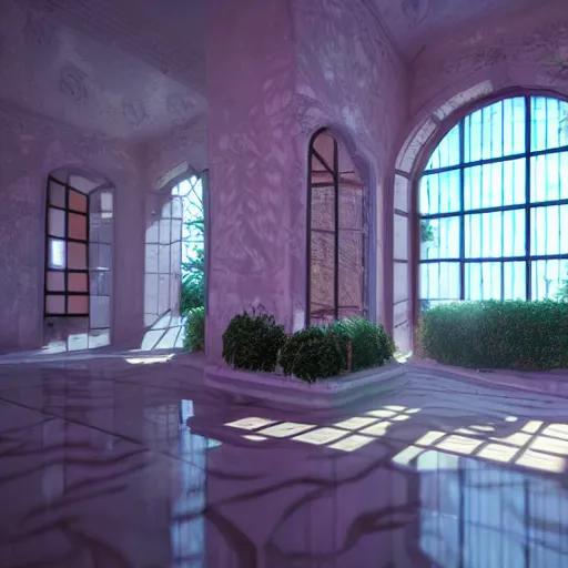 Image similar to vaporwave mansion, liminal space, high detail, rendered in unreal engine, 3d render, god rays, volumetric lighting, large windows