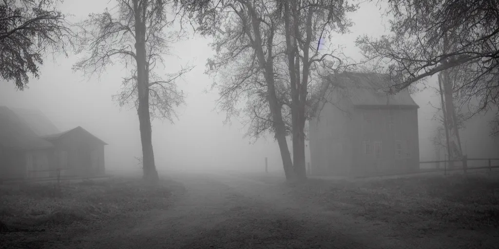 Image similar to Misty ghost town, with a dark shadow of a ghost