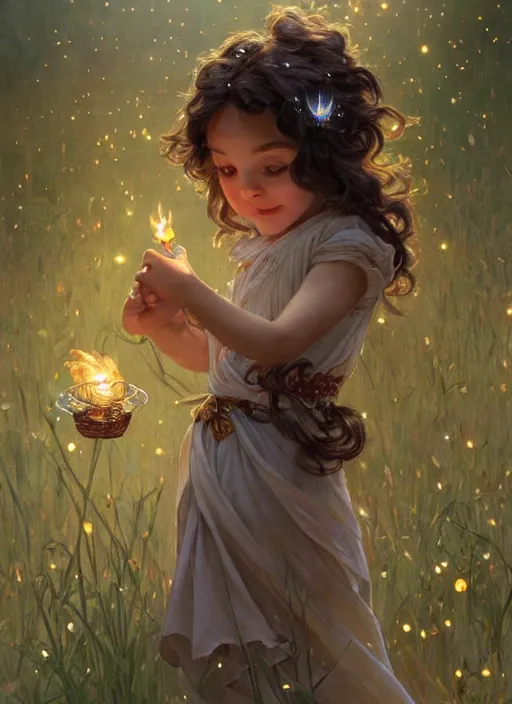 Image similar to a cute little girl with short curly brown hair with a happy expression wearing a summer dress dancing with fireflies, she is in the distance. beautiful fantasy art by by artgerm and greg rutkowski and alphonse mucha, trending on artstation.