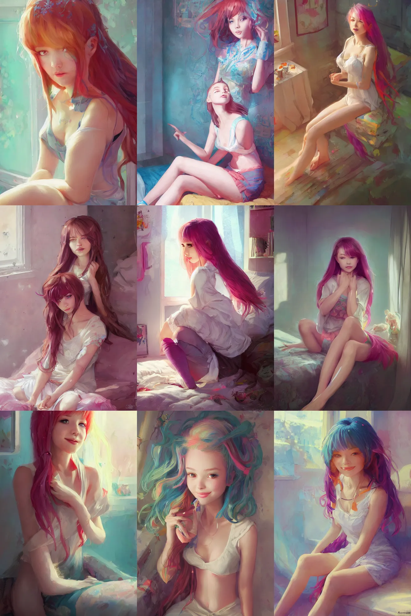 Prompt: a beautiful alternative girl sitting in her bedroom | | cute - fine - subtle smile, colorful hair, face, pretty face, fine details by stanley artgerm lau, wlop, rossdraws, james jean, andrei riabovitchev, marc simonetti, and sakimichan, trending on artstation