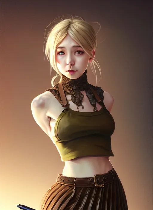 Image similar to portrait of a full body of beautiful young female detective, d & d, sleeveless turtleneck, pleated skirt, fantasy, flat lighting, intricate, highly detailed, digital painting, artstation, concept art, smooth, sharp focus, illustration, misa amane, art by simon bisley and greg rutkowski and alphonse mucha, natural tpose