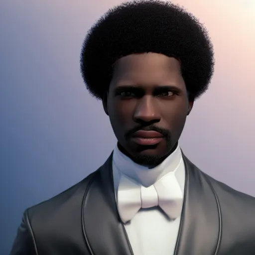 Image similar to beautiful 3D rendered fictional black character, his head is made of fluffy clouds, wearing white suit, realistic, 8k, 4k, unreal engine, by Antoni Tudisco, artstation