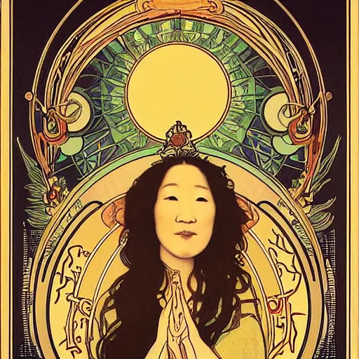 Image similar to sandra oh portrait by louis - theophile hingre and alphonse mucha, realistic, sharp focus, zodiac signs, tarot cards, planets, ethereal, art nouveau, magic, moon, sun, crown, dreamy, royal, jewellery