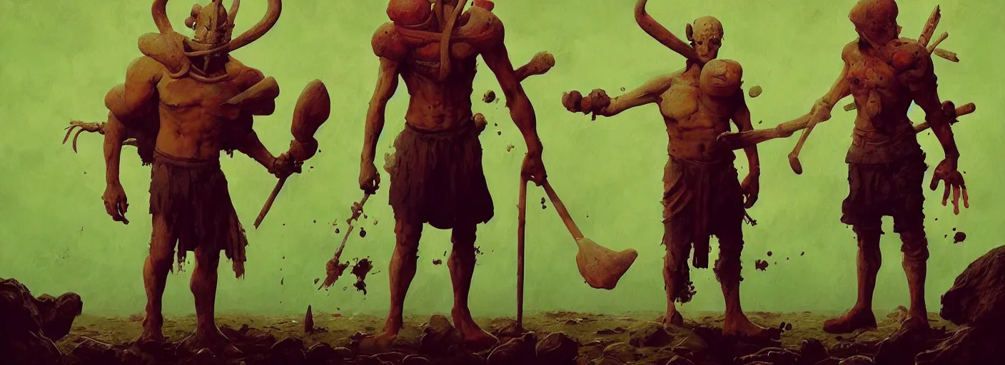 Image similar to full - body portrait surreal colorful clay fighting artstation rpg barbarian character concept art anatomy, action pose, very coherent and colorful high contrast masterpiece by norman rockwell franz sedlacek hieronymus bosch dean ellis simon stalenhag rene magritte gediminas pranckevicius, dark shadows, sunny day, hard lighting, reference sheet white! background