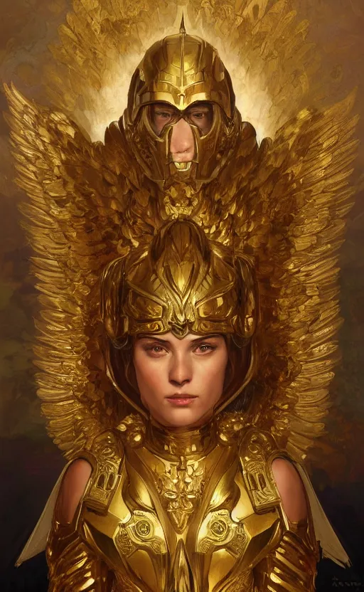 Image similar to Portrait of an archangel with golden wings, heavy armor and helmet, confident, heaven background, intricate, headshot, highly detailed, digital painting, artstation, concept art, sharp focus, cinematic lighting, illustration, art by artgerm and greg rutkowski, alphonse mucha, cgsociety