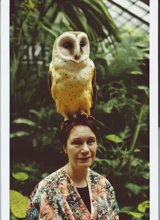 Image similar to head to shoulder portrait Polaroid film photograph of an elegant lovely woman wearing a yellow kimono with a very detailed barn owl on her shoulder!!! in a tropical greenhouse. looking at the camera!!. slight smile. super resolution. Extremely detailed. sitting inside a fountain. Pre - raphaelit .Polaroid 600 film.