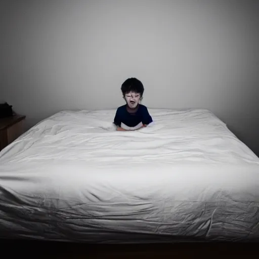 Image similar to a possessed kid floating at bed, hard flash, low angle point of view, night time