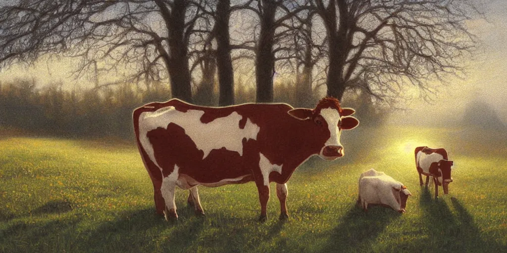 Image similar to cow, volumetric lighting, spring early, nice slight overcast weather, realistic illustration, perfectly shaded, ( golden hour ), soft painting, low angle, art by sven nordqvist