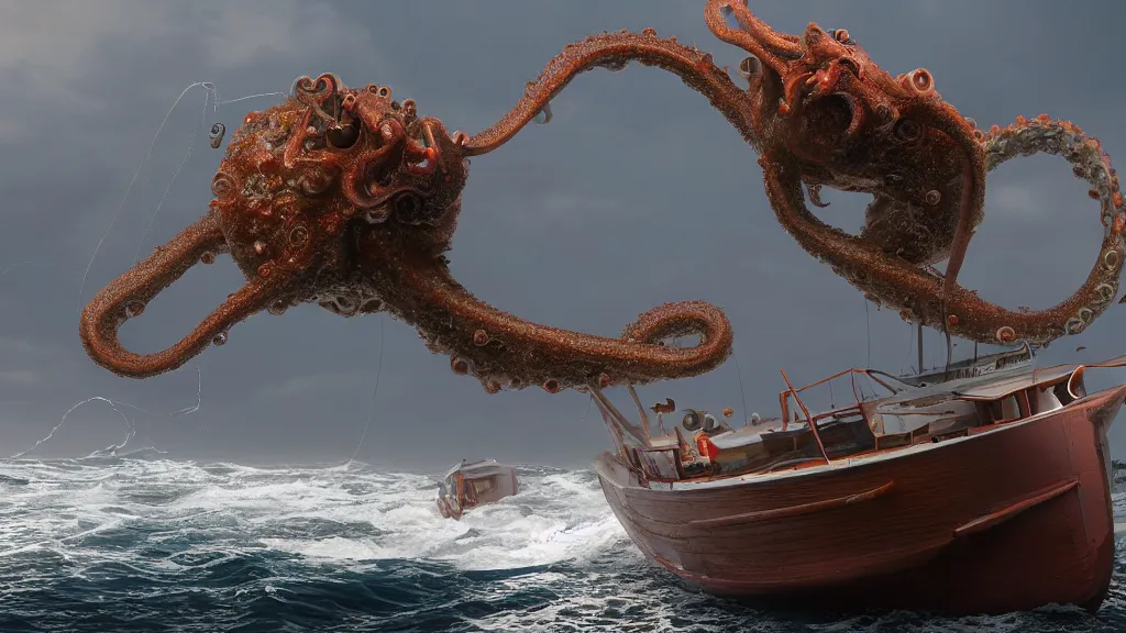 Image similar to a ((small fishing boat)) is attacked by a huge tentacled monster, crashing waves, trending on artstation, rendered in octane, global illumination