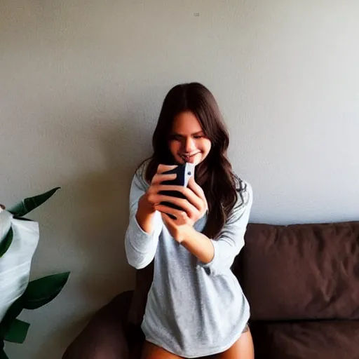 Image similar to Photograph of a cute young woman taking a selfie, long shiny bronze brown hair, full round face, emerald green eyes, medium skin tone, light cute freckles, smiling softly, wearing casual clothing, relaxing on a modern couch, interior lighting, cozy living room background, close-up shot, trending on Instagram, Pinterest