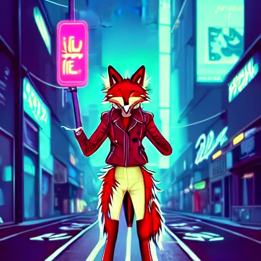 Image similar to beautiful furry digital art portrait commission of an androgynous furry anthro fox fursona wearing punk clothes in the streets of a cyberpunk city. neon signs. character design by charlie bowater, ross tran, artgerm, and makoto shinkai