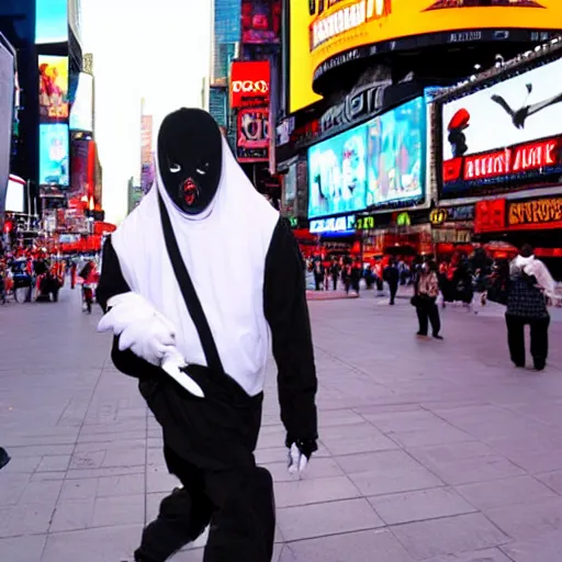 Prompt: ghostface from the scream movie franchise walking in times square