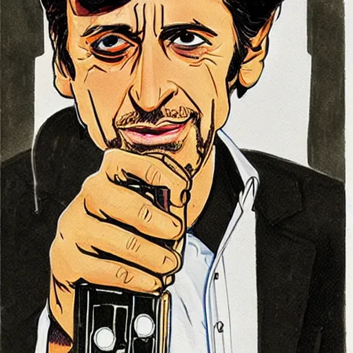 Prompt: A study of Al Pacino holding a machine gun as drawn by Harry Lucey for Archie Comics