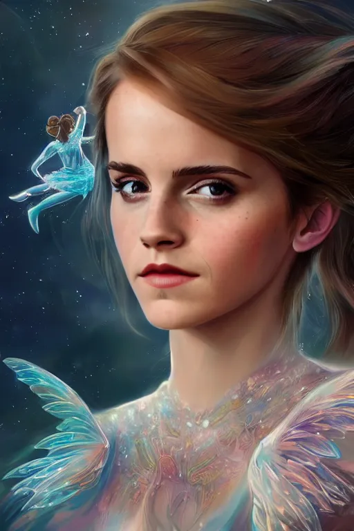 Image similar to a photo of emma watson as flying fairy, fantasy, intricate, beautiful, highly detailed, digital painting, artstation, concept art, smooth, high resolution, sharp focus, illustration