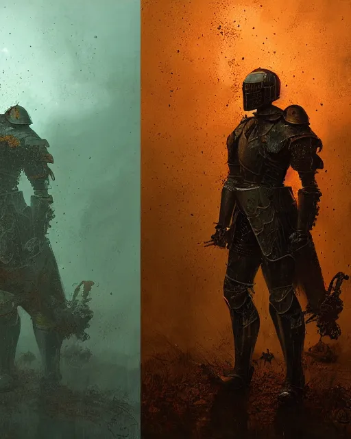 Image similar to Hyper realistic painting of a knight in a rusted full plate armor, green and orange rust, hyper detailed, thunderstorm, midnight, volumetric lighting, creepy atmosphere, by greg rutkowski