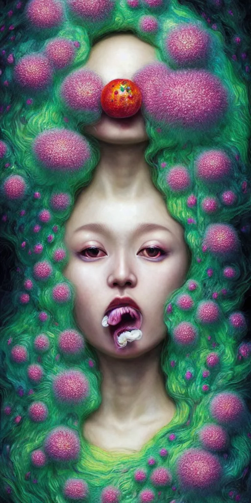 Image similar to hyper detailed 3d render like a Oil painting - kawaii Aurora (Singer) Eats of the juicy Strangling Fruit and Her gossamer polyp blossoms bring iridescent fungal flowers whose spores black the foolish stars by Jacek Yerka, Mariusz Lewandowski, Houdini algorithmic generative render, Abstract brush strokes, Masterpiece, Edward Hopper and James Gilleard, Zdzislaw Beksinski, Mark Ryden, Wolfgang Lettl, hints of Yayoi Kasuma, octane render, 8k