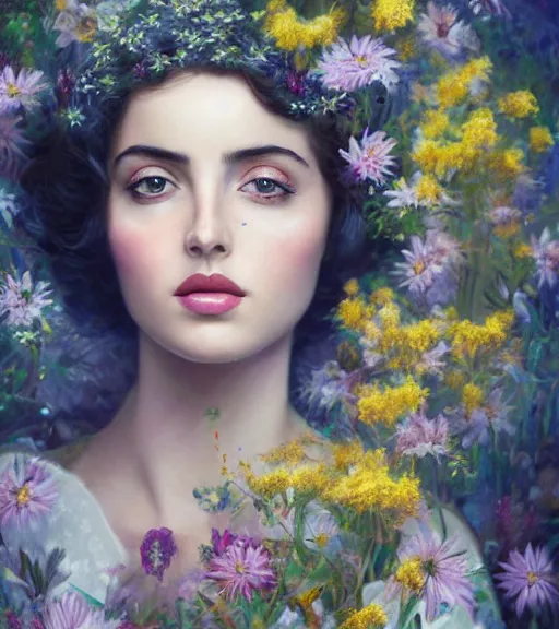 Image similar to portrait of ana de armas in 3 0 s, surrounded by flowers by karol bak, james jean, tom bagshaw, rococo, trending on artstation, cinematic lighting, hyper realism, octane render, 8 k, hyper detailed