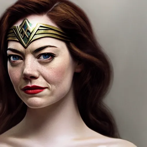 Image similar to cinematic upper third of emma stone as wonder woman, full costume, intricate, elegant, by alyssa monks, highly detailed, symmetrical face, fine details, masterpiece, trending on artstation