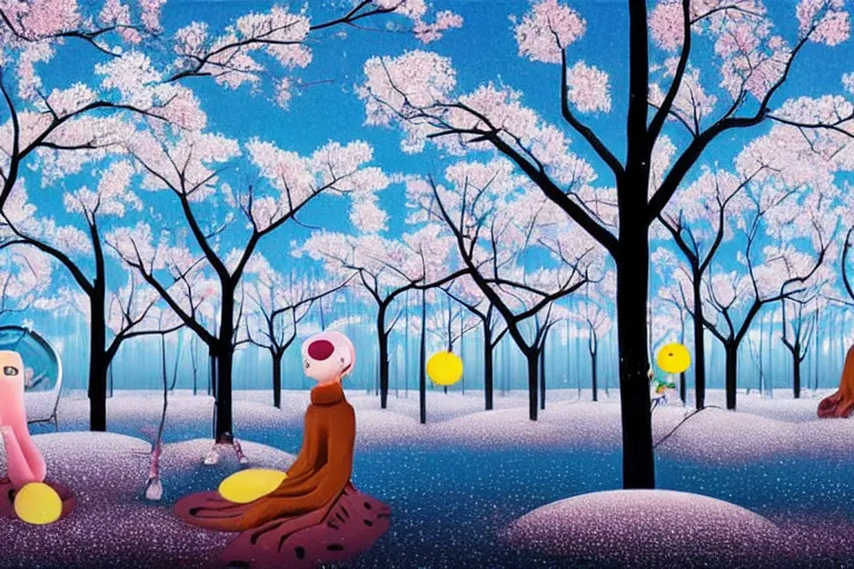 Image similar to A surreal winter forest landscape with barren sakura trees by Chiho Aoshima and Salvador Dali