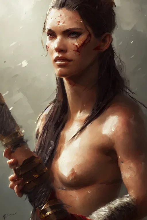 Image similar to portrait of a barbarian female, ultra sharp, very detailed, high quality focus by greg rutkowski and wlop