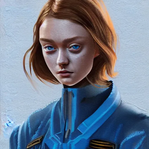 Prompt: A young woman who looks like a mixture between Dakota Fanning, Bella Heathcote and Elizabeth Debicki, wearing blue utilitarian jumpsuit, scifi, highly detailed portrait, digital painting, artstation, concept art, smooth, sharp foccus ilustration, Artstation HQ.