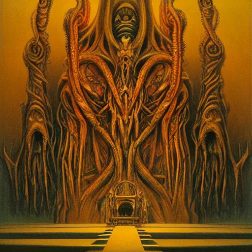 Prompt: monstrous and twisted cathedral with an altar that has a statue to many eyed veiny and four armed cthulhu, tentacles twisting in lotus position. in the style of hr giger and zdzisław beksinski gloom misty glow oil painting biomechanical