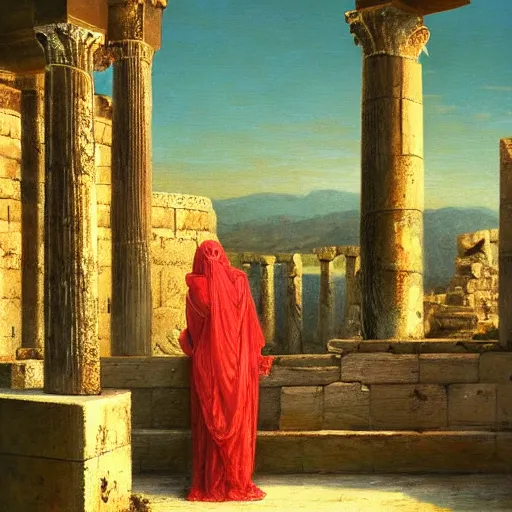 Image similar to Beautiful Arabian woman with a veil looking out of her arabian balcony towards greek ruins of temples at dawn. Painting by gustave dore. Colored painting. Detailed photorealistic painting with dark background.